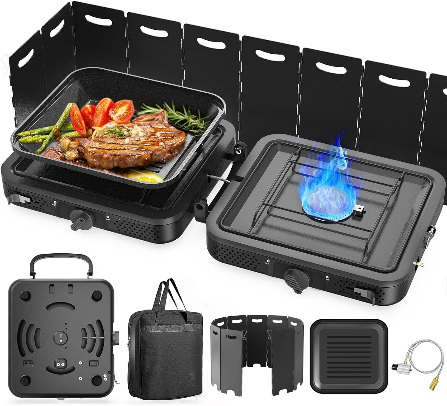 Camping Stove – 2-Burner Propane Stove with Grill, 17,000 BTU, Foldable with Carry Bag, Windscreen & Grill, Adjustable Burners & Piezo Ignition for Tailgating, BBQ, Camping 🔥