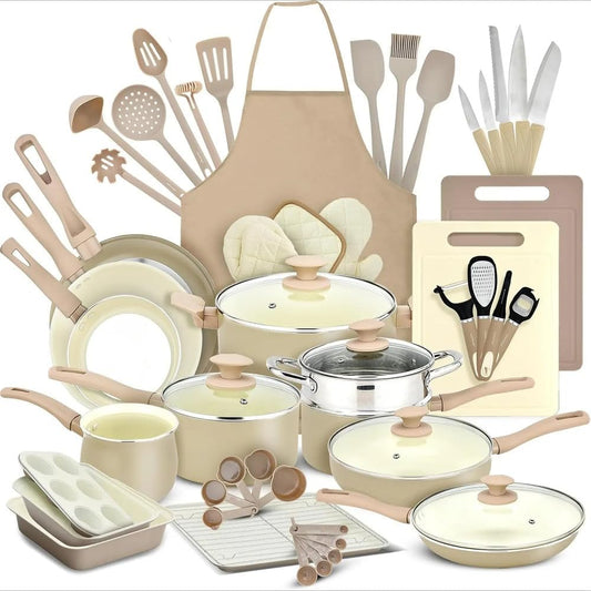 54-Piece Complete Home Kitchen Cookware Set – Ceramic Non-Stick Bakeware, Pots & Pans Kit, Taupe Brown 🧑🍳