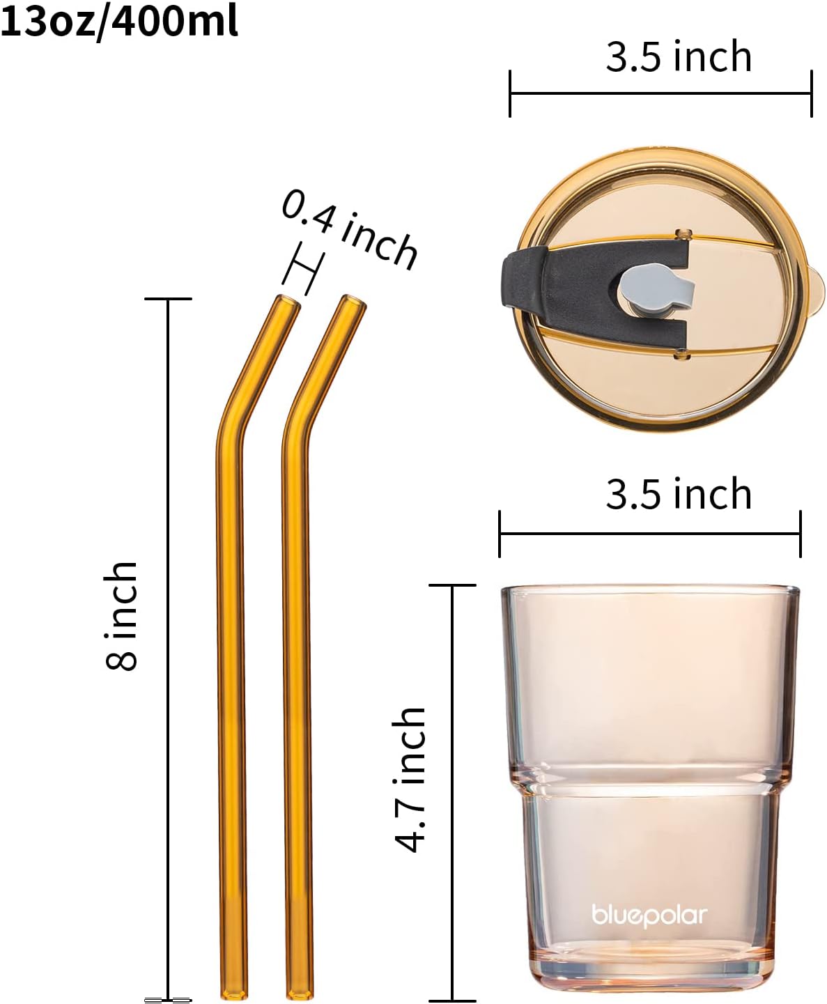 13oz/400ml Glass Water Tumbler with Straw and Lid Sealed Carry On Thick Wall Iced Coffee Cup Glass Cup for Water, Iced Tea Fruit Juice Etc🥤(4Pack)