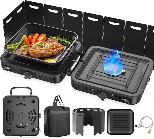 Camping Stove – 2-Burner Propane Stove with Grill, 17,000 BTU, Foldable with Carry Bag, Windscreen & Grill, Adjustable Burners & Piezo Ignition for Tailgating, BBQ, Camping 🔥