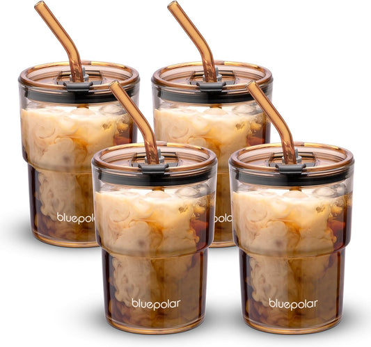 13oz/400ml Glass Water Tumbler with Straw and Lid Sealed Carry On Thick Wall Iced Coffee Cup Glass Cup for Water, Iced Tea Fruit Juice Etc🥤(4Pack)