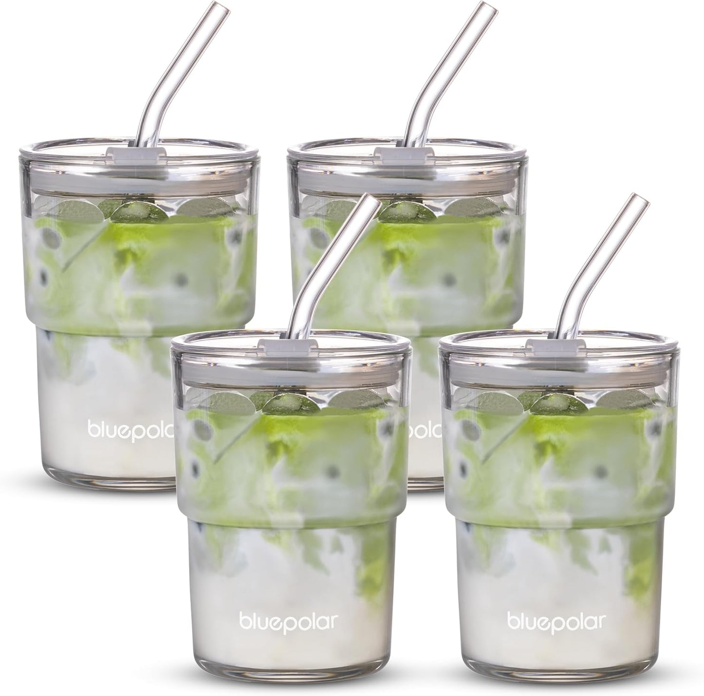 13oz/400ml Glass Water Tumbler with Straw and Lid Sealed Carry On Thick Wall Iced Coffee Cup Glass Cup for Water, Iced Tea Fruit Juice Etc🥤(4Pack)