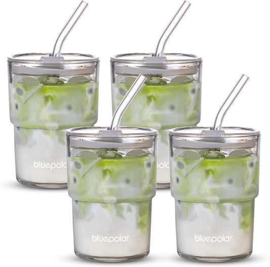 13oz/400ml Glass Water Tumbler with Straw and Lid Sealed Carry On Thick Wall Iced Coffee Cup Glass Cup for Water, Iced Tea Fruit Juice Etc🥤(4Pack)