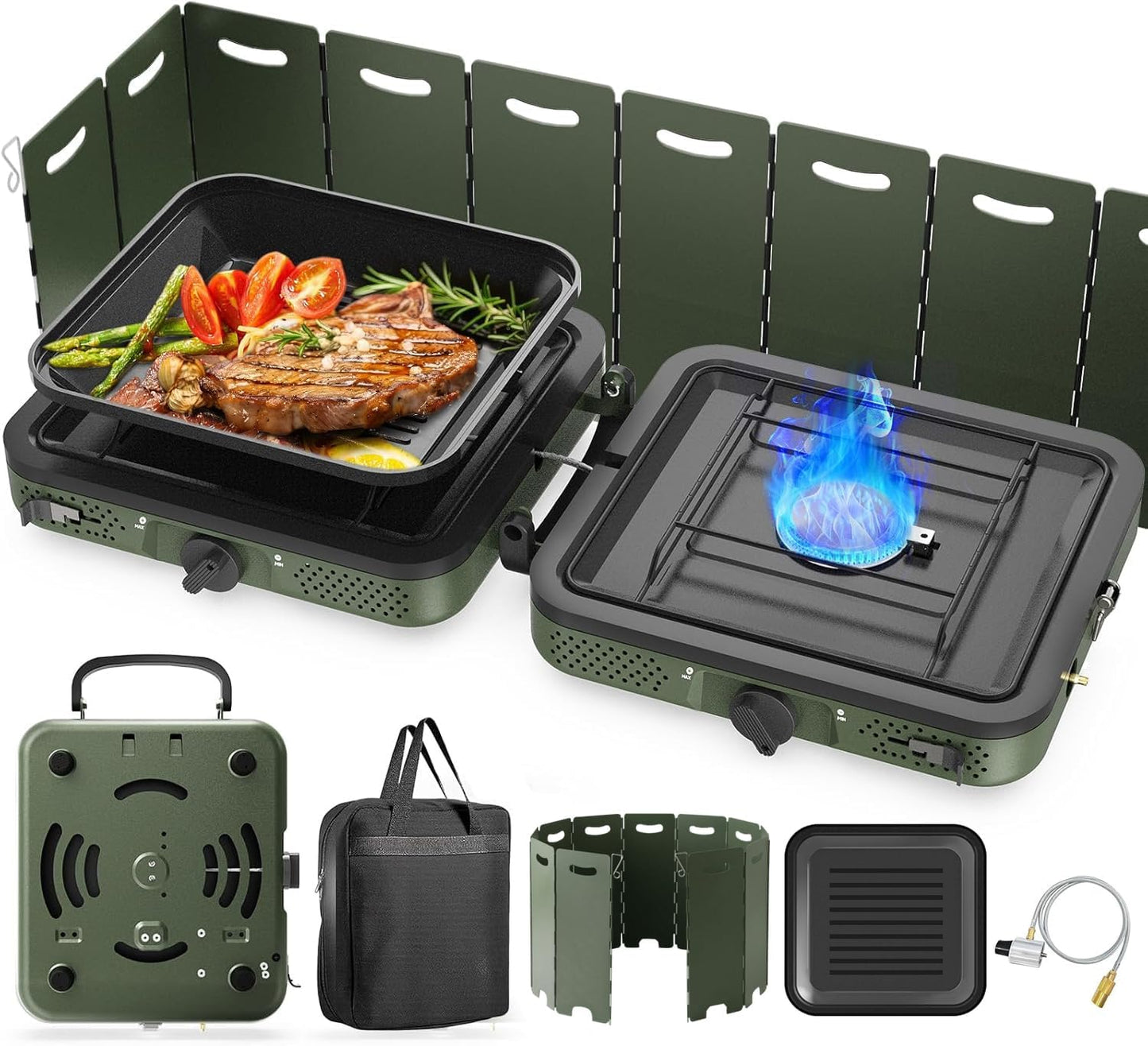 Camping Stove – 2-Burner Propane Stove with Grill, 17,000 BTU, Foldable with Carry Bag, Windscreen & Grill, Adjustable Burners & Piezo Ignition for Tailgating, BBQ, Camping 🔥