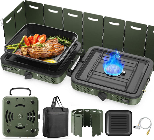 Camping Stove – 2-Burner Propane Stove with Grill, 17,000 BTU, Foldable with Carry Bag, Windscreen & Grill, Adjustable Burners & Piezo Ignition for Tailgating, BBQ, Camping 🔥