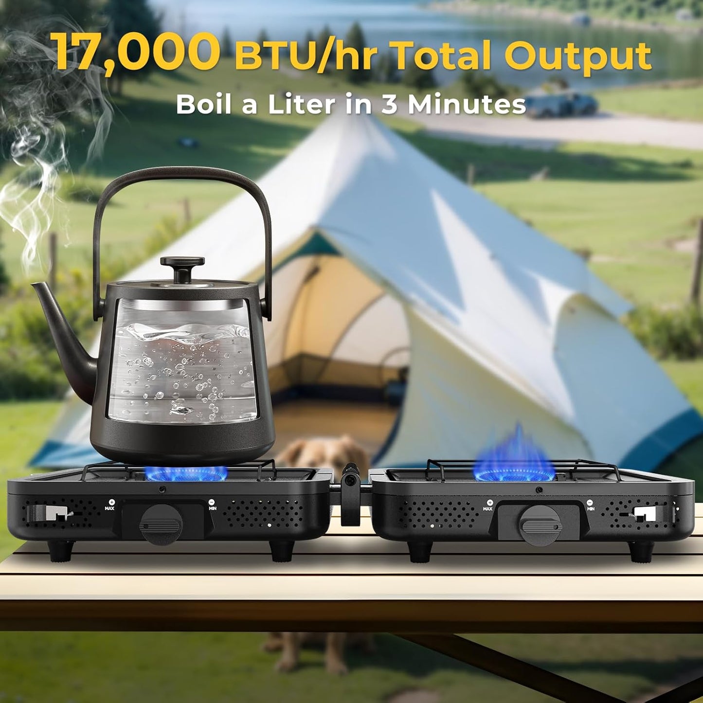 Camping Stove – 2-Burner Propane Stove with Grill, 17,000 BTU, Foldable with Carry Bag, Windscreen & Grill, Adjustable Burners & Piezo Ignition for Tailgating, BBQ, Camping 🔥
