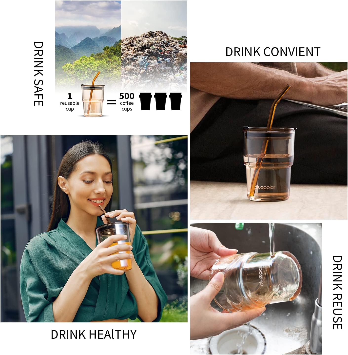 13oz/400ml Glass Water Tumbler with Straw and Lid Sealed Carry On Thick Wall Iced Coffee Cup Glass Cup for Water, Iced Tea Fruit Juice Etc🥤(4Pack)