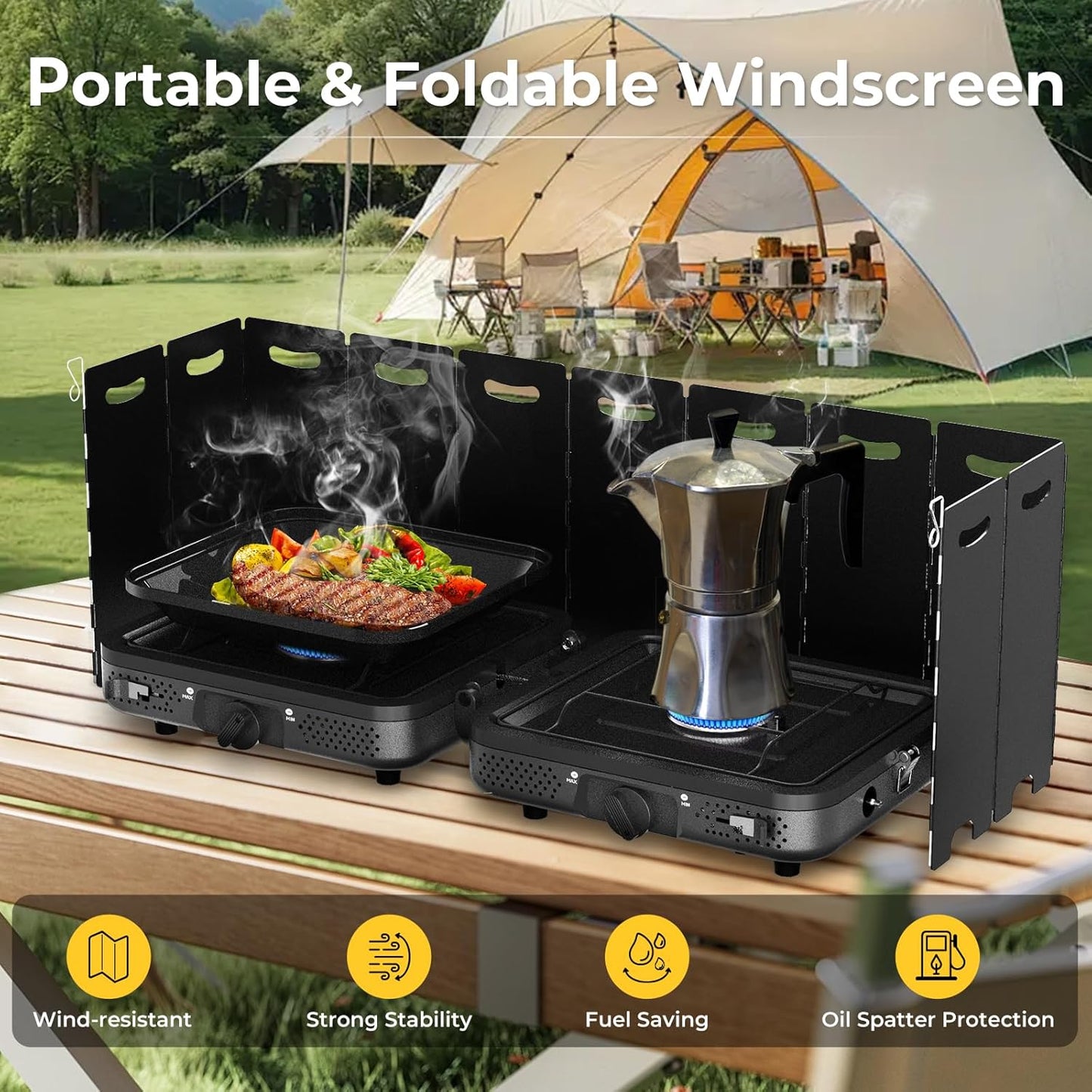 Camping Stove – 2-Burner Propane Stove with Grill, 17,000 BTU, Foldable with Carry Bag, Windscreen & Grill, Adjustable Burners & Piezo Ignition for Tailgating, BBQ, Camping 🔥
