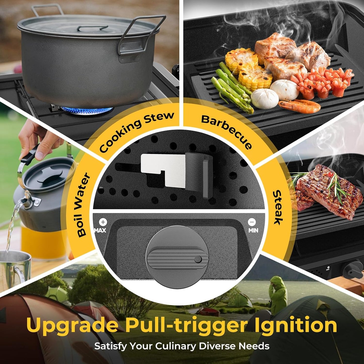 Camping Stove – 2-Burner Propane Stove with Grill, 17,000 BTU, Foldable with Carry Bag, Windscreen & Grill, Adjustable Burners & Piezo Ignition for Tailgating, BBQ, Camping 🔥