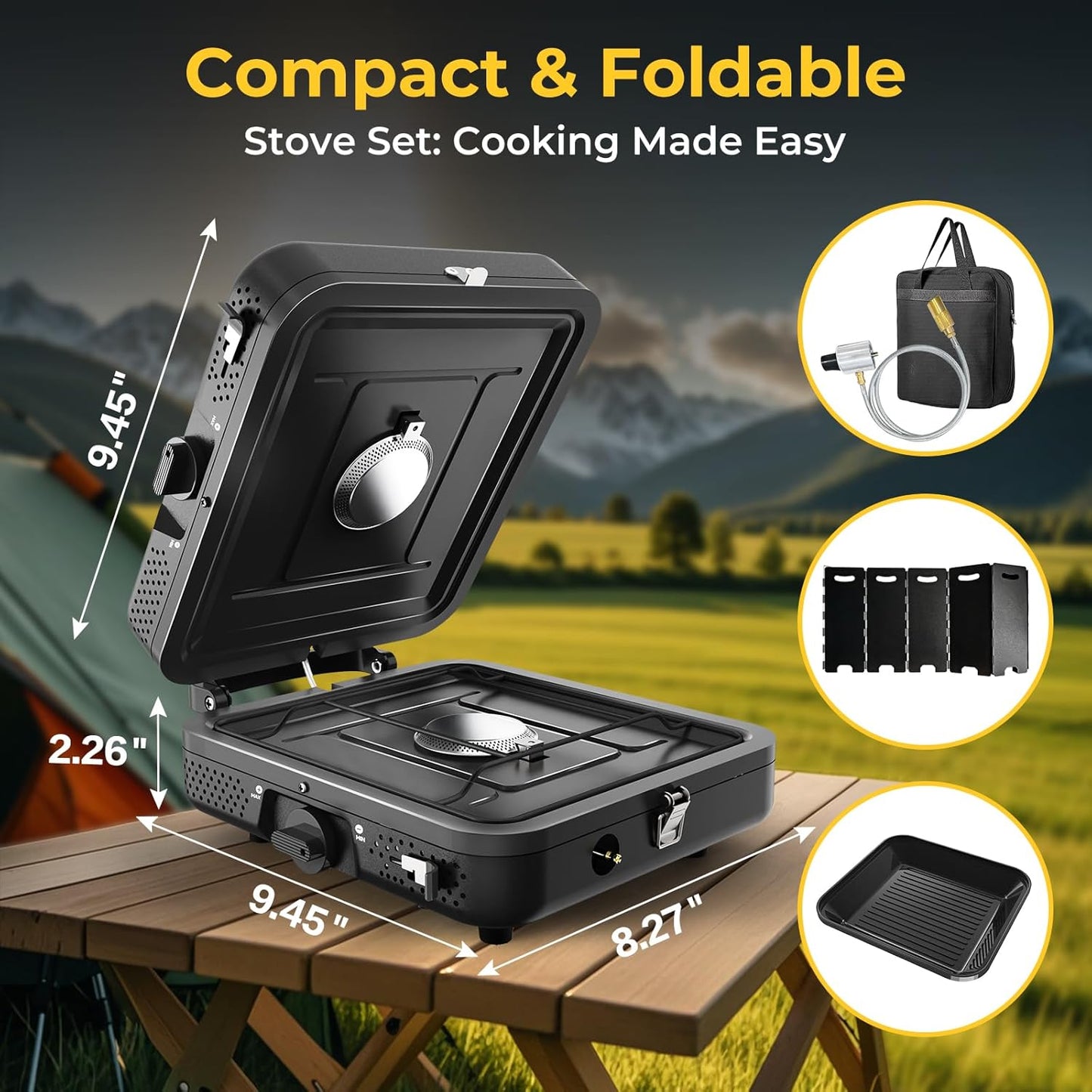Camping Stove – 2-Burner Propane Stove with Grill, 17,000 BTU, Foldable with Carry Bag, Windscreen & Grill, Adjustable Burners & Piezo Ignition for Tailgating, BBQ, Camping 🔥